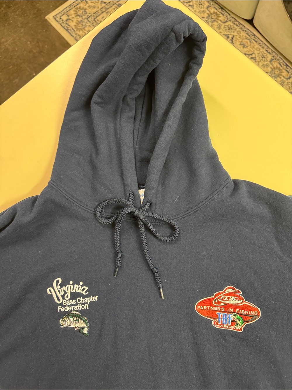 Gildan Navy Blue Hoodie with Virginia Bass Chapter & Partners in Fishing Patches